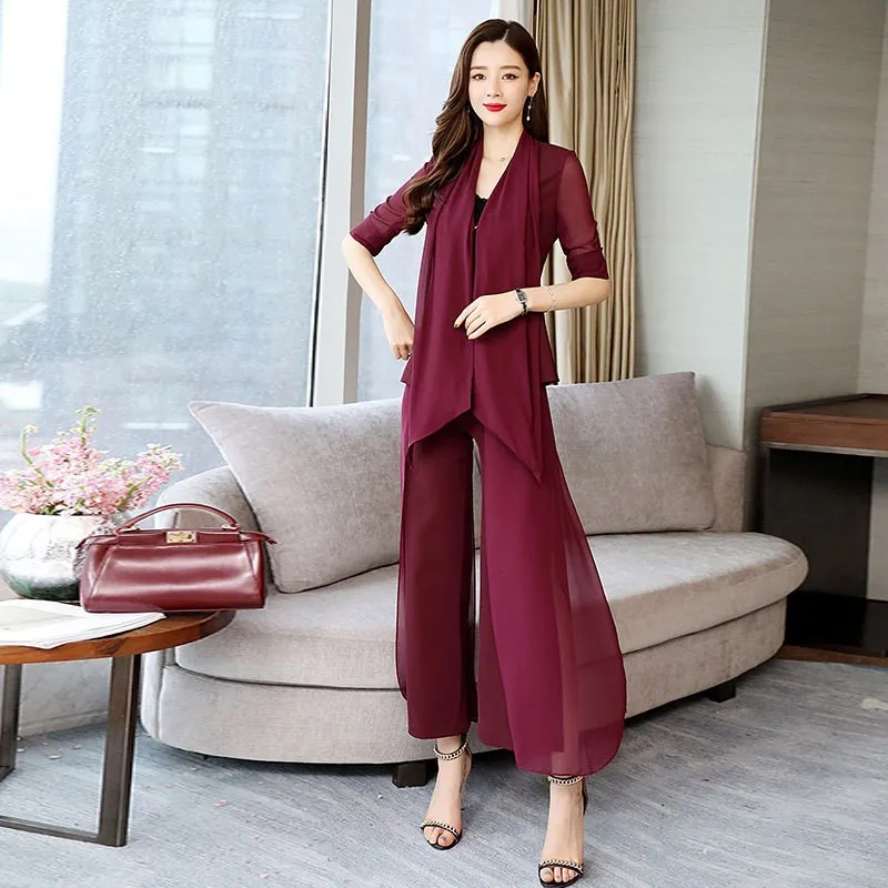 

Summer Business Women Work Irregular Cape Long Coat Wide Leg Pants Outfits Suit Chiffon Office Ladies Suits Sashes Conjunto Set