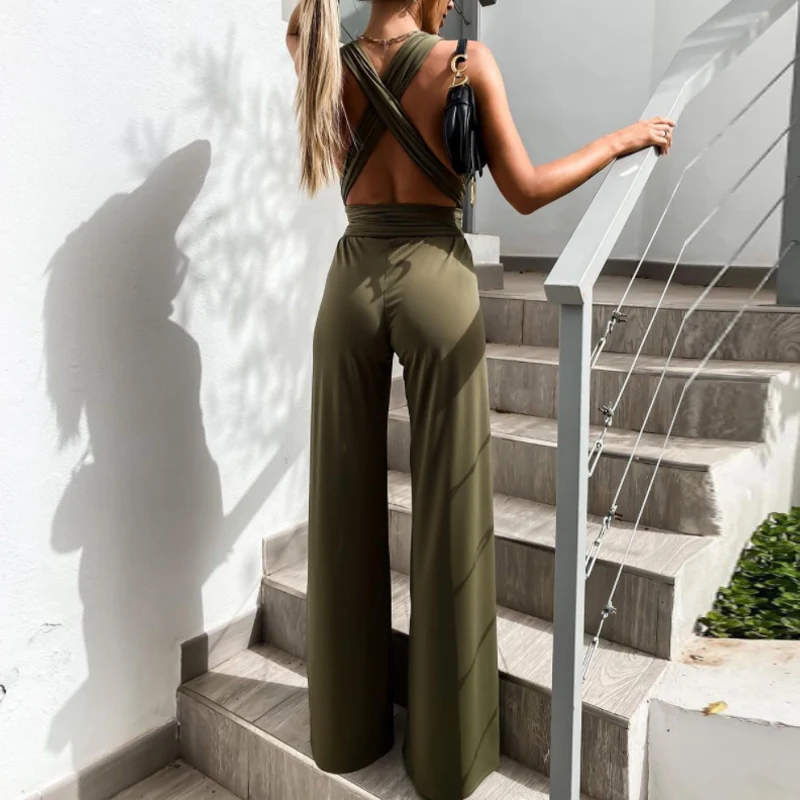 

Women Deep V Neck Belt Jumpsuit 2021 Summer Sleeveless Backless Playsuits Fashion New Sexy Casual Loose Wide Leg Slim Bodysuits