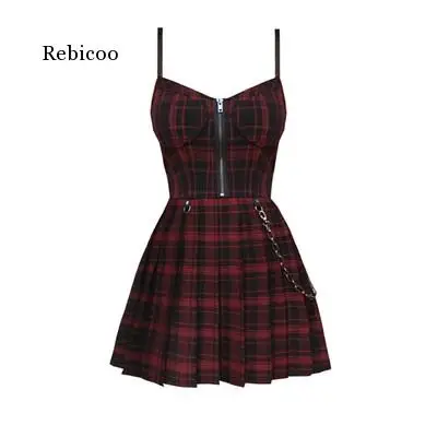 

Spring Autumn Preppy Style Gothic Girls Sexy Sling Dress Red Balck Pleated Plaid Women Sleeveless Mini Short Dresses