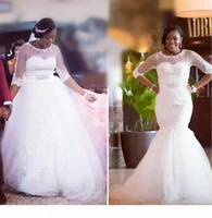 plus size mermaid wedding dresses 2023 long sleeves african wedding gown courtl train white tulle bridal gowns