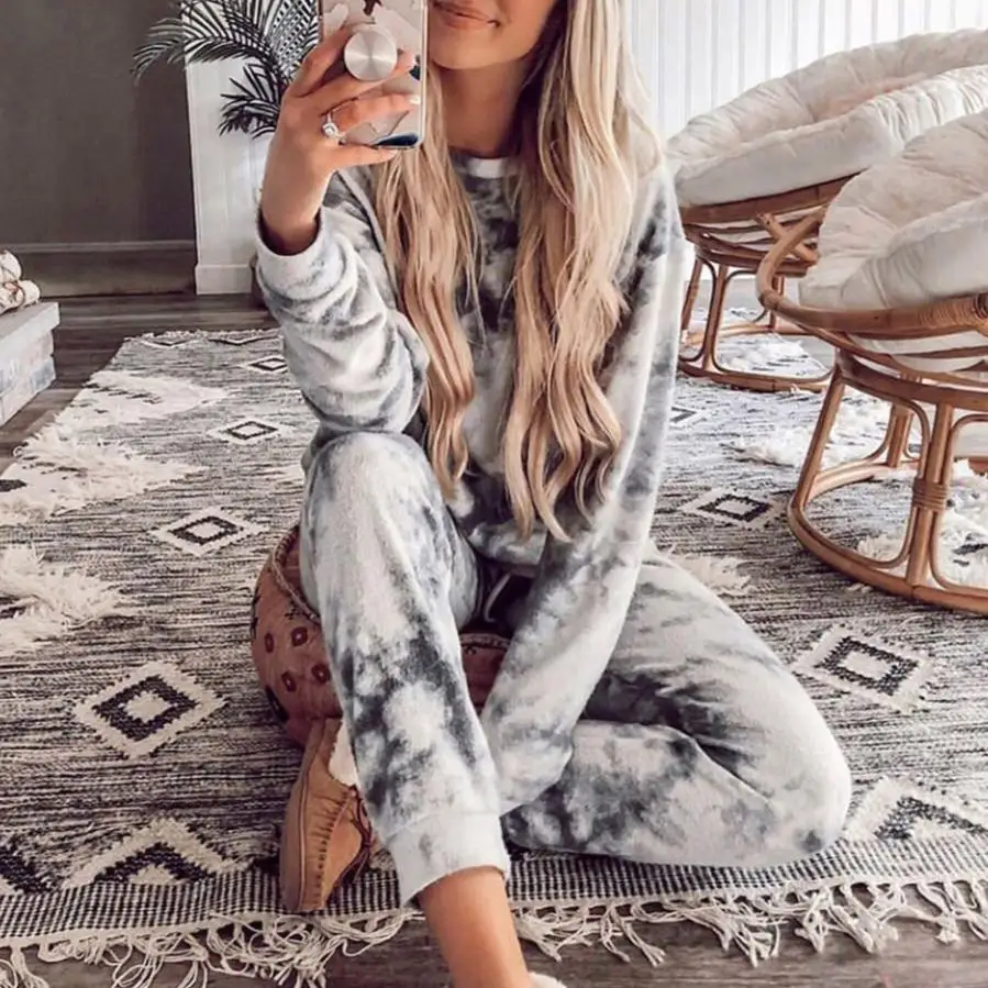 

Mandylandy Spring Autumn Fashion Tie-Dye Printing Home Suit Women's Casual Lace-up Pencil Pants + Long Sleeve O-Neck Top Suit