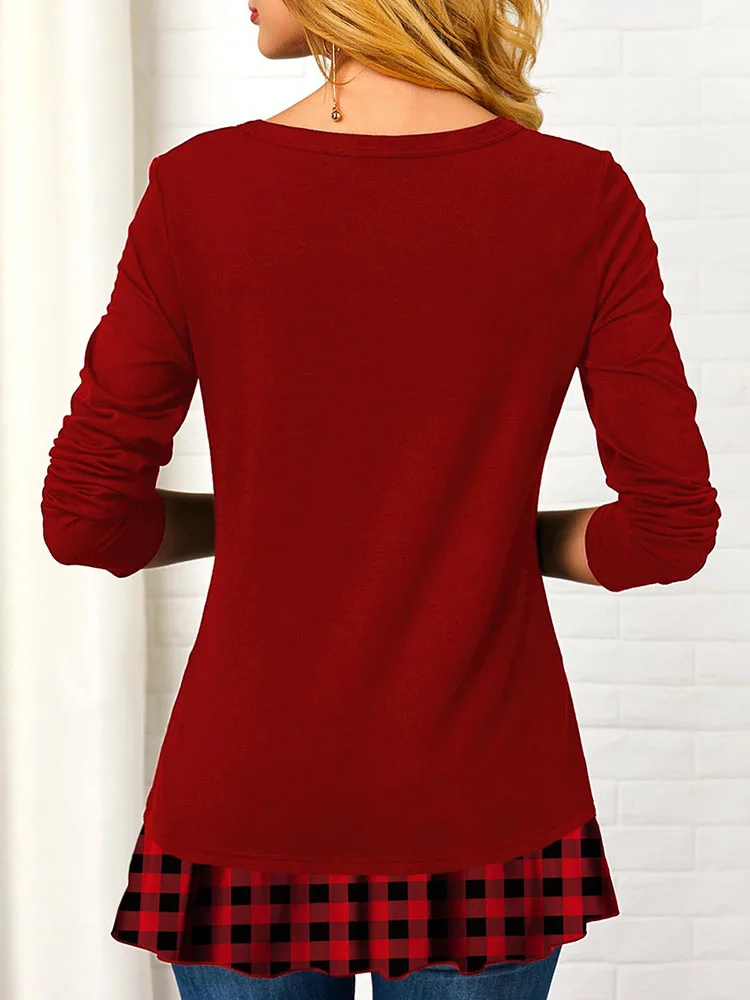 

Long Sleeve Patchwork Plaid V-Neck Pullover Women's T-Shirt Irregular Button Shirt Fashion Casual England Style Top