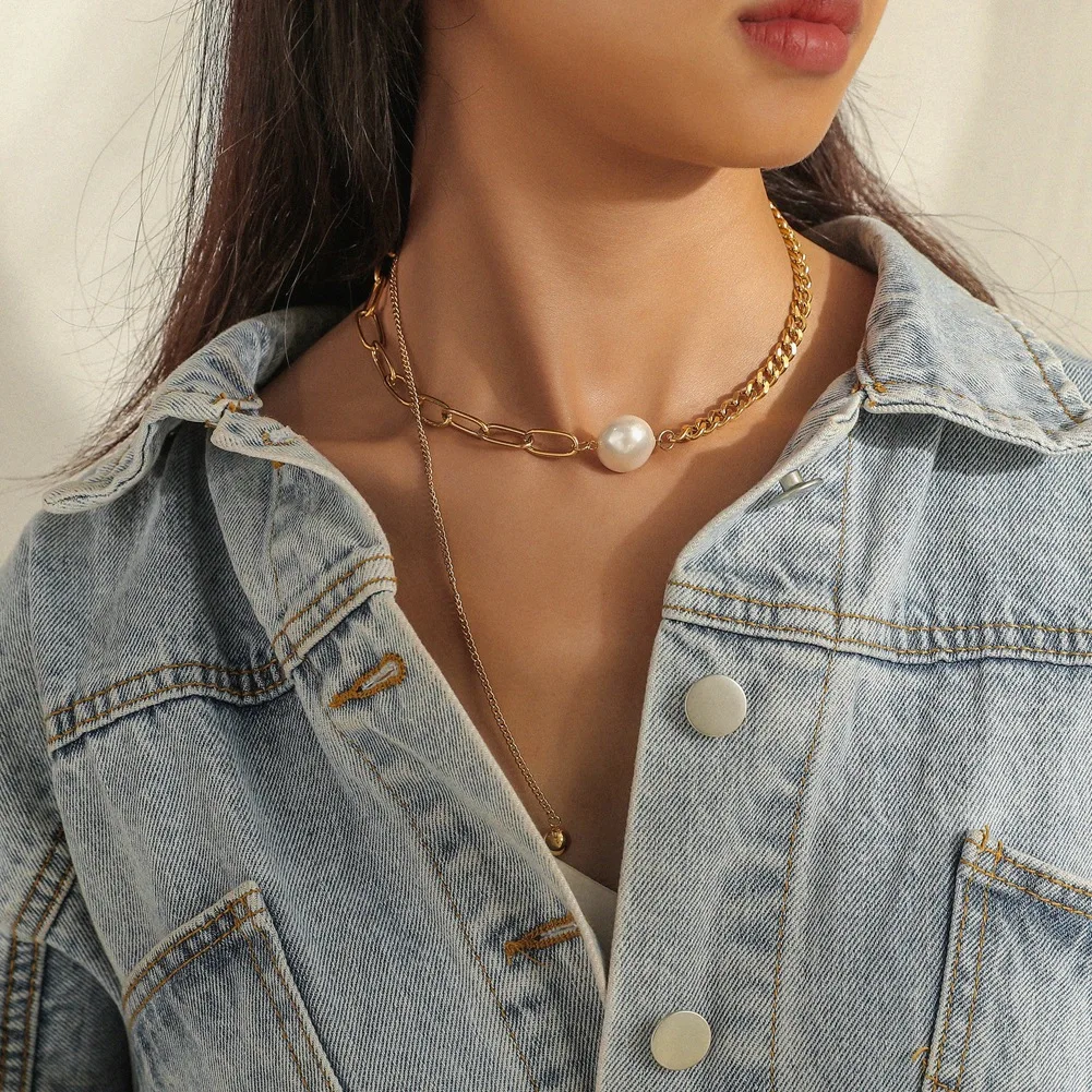 

Cool Stainless Steel Pearl Necklace Pendant Hip Hop Personality Decoration short clavicle Chain Choker On the Neck Choker Trend