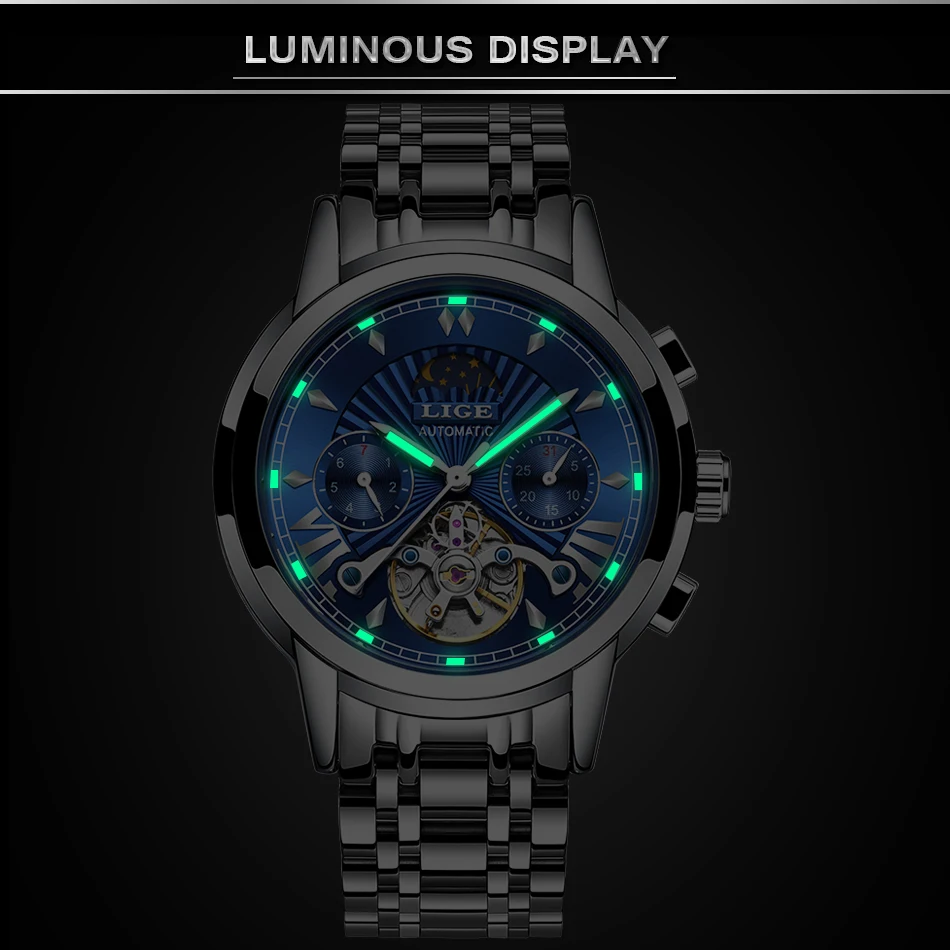 LIGE Мужские Роскошные автоматические механические часы Классические деловые