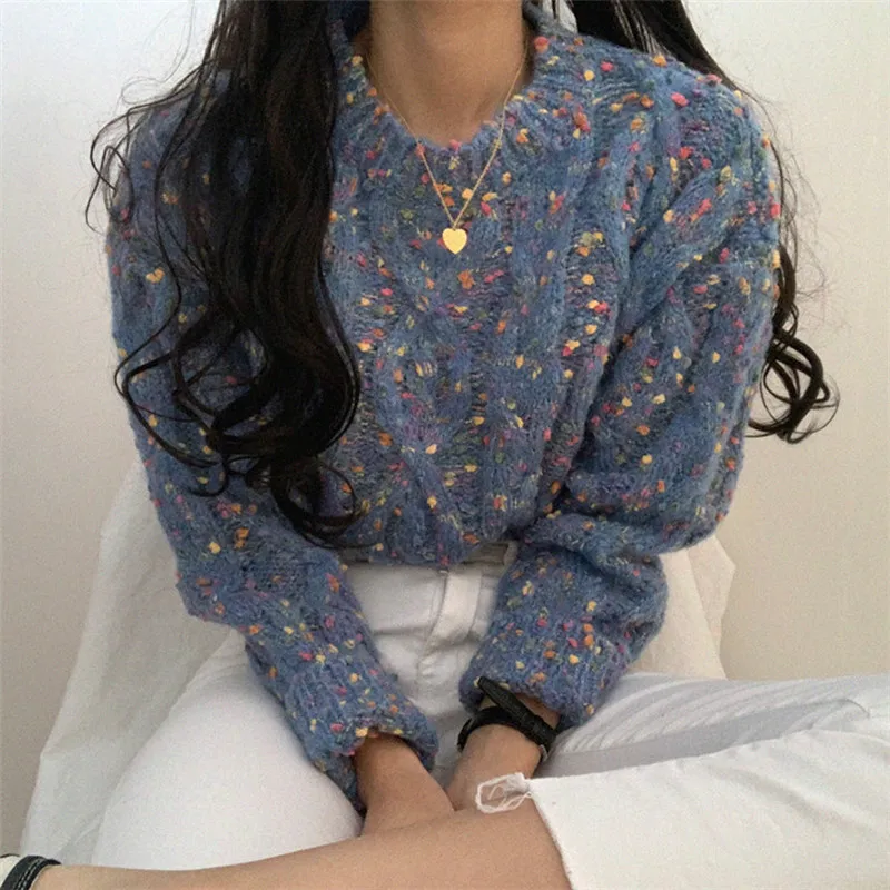 Knitted Twist Sweater Women Candy Color Dot Vintage Pullover O Neck Long Sleeve Autumn Clothes Ropa Mujer Francais Harajuku | Женская