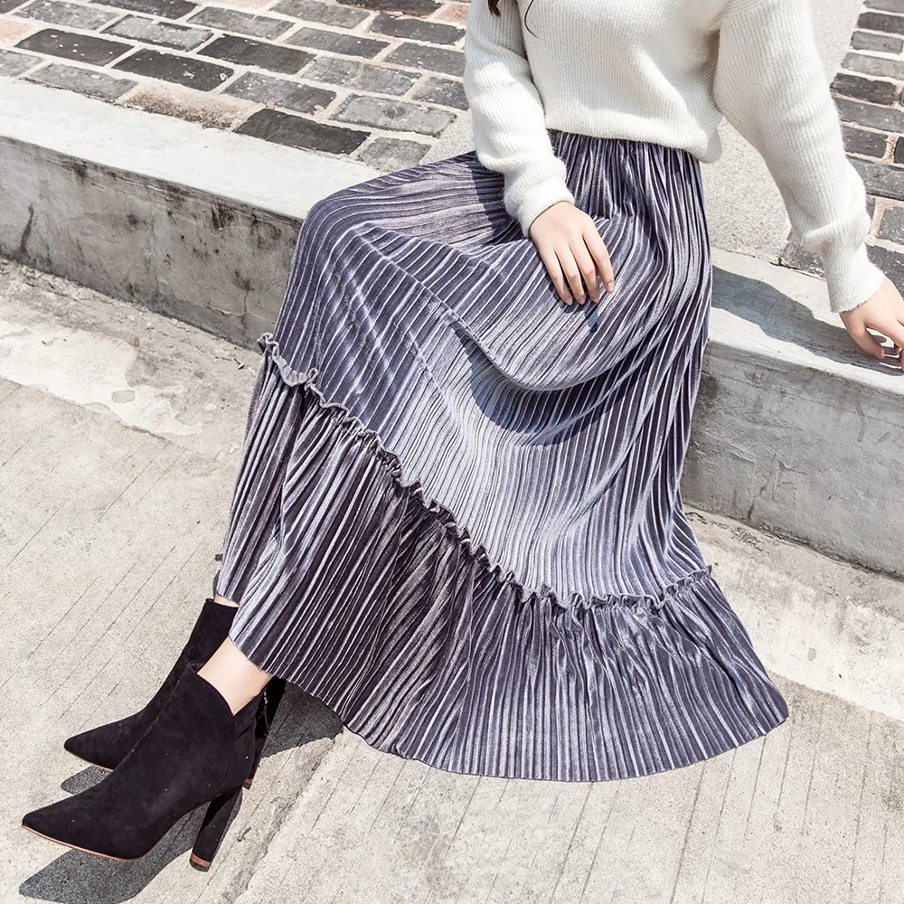 Женская плиссированная юбка до щиколотки однотонная бархатная с высокой талией