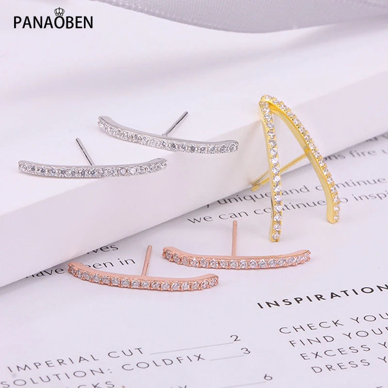 

PANAOBEN Korean 925 Sterling Silver Stud Earrings For Women Party Gifts Prevent allergy Geometric Bar fine Small Crystal Earring