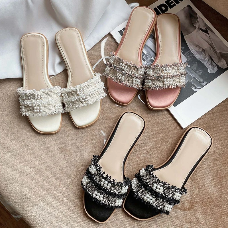 

Krazing pot big size peep toe low heel summer outside slipper pearl princess style dating vacation beach new fashion slides L86