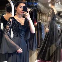 black sexy evening dress a line flare sleeve v neck lace appliques sequined backless floor length party prom gown 2021 for women