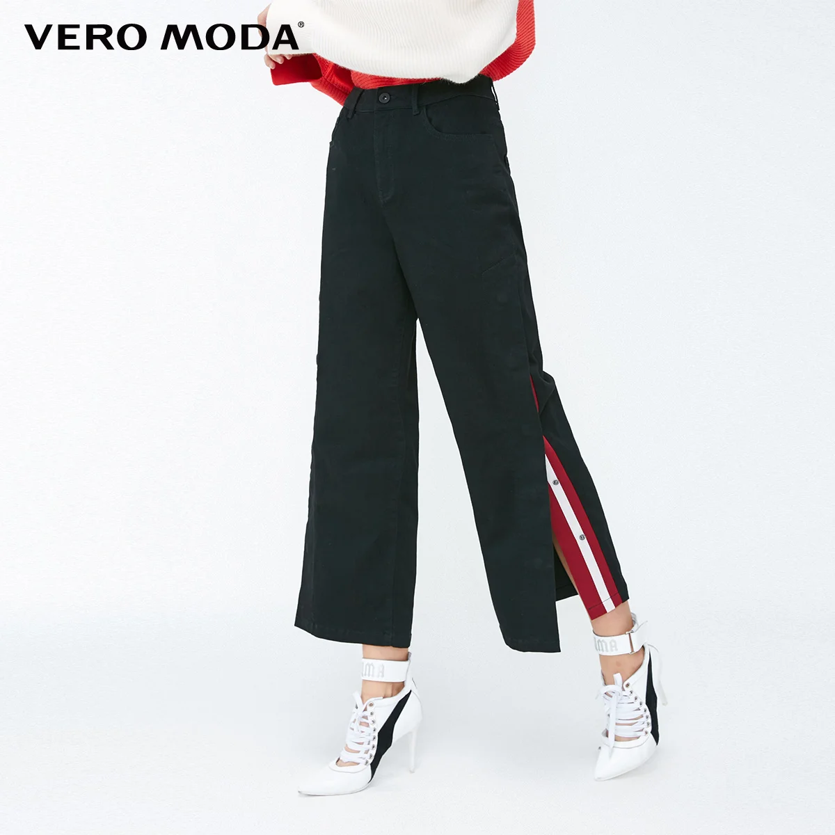 Vero Moda Новое поступление Женские полосатые широкие джинсы с боковыми кнопками | 318349528 - Цвет: Black denim