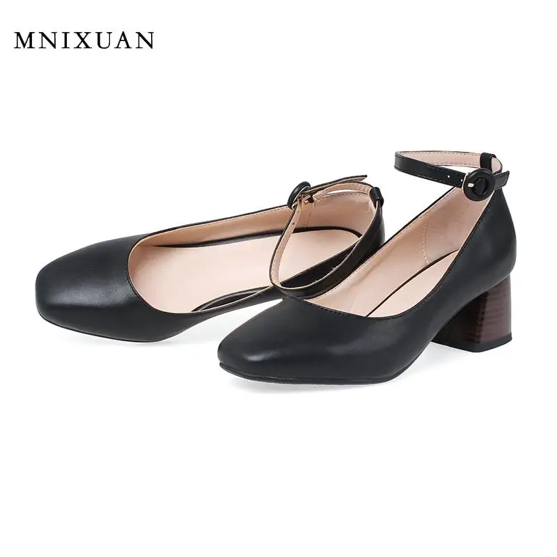 

MNIXUAN Classics ladies shoes high heels women pumps 2019 spring autumn new square toe ankle strap block heels shoes size 34-43