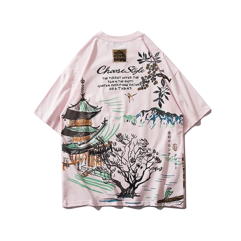 

Chinese Style Retro Short Sleeve T-shirt Men Women Fashion Casual Loose Cotton Tshirts Landscape Painting Embroidery Print Tees