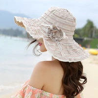 2020 new fashion women hat korea style flower packable large wide brim hat anti uv adjustable ladies floppy beach sun hat