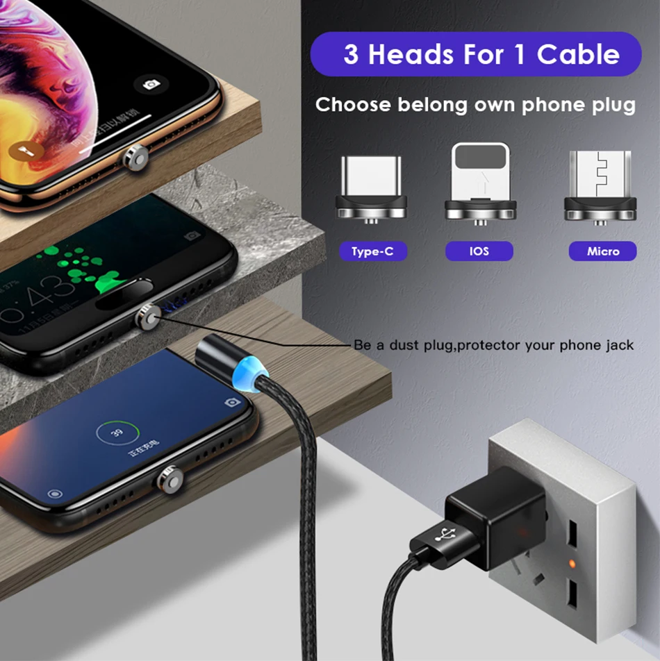 NOHON 3 в 1 светодиодный магнитный зарядный кабель с разъемом Micro usb type C для iPhone X 7 8 6S XS Xiaomi 4 Магнитный кабель для быстрой зарядки 1 м
