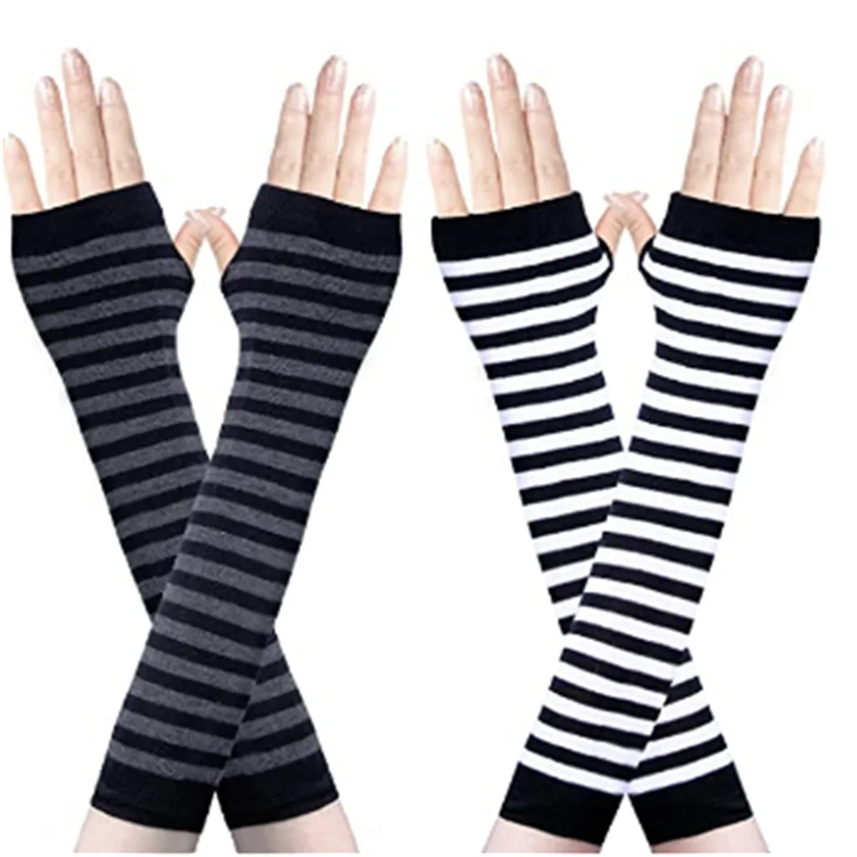 2 пары полосатых рукавиц вязаные локоть перчатки длинные без пальцев хлопковые