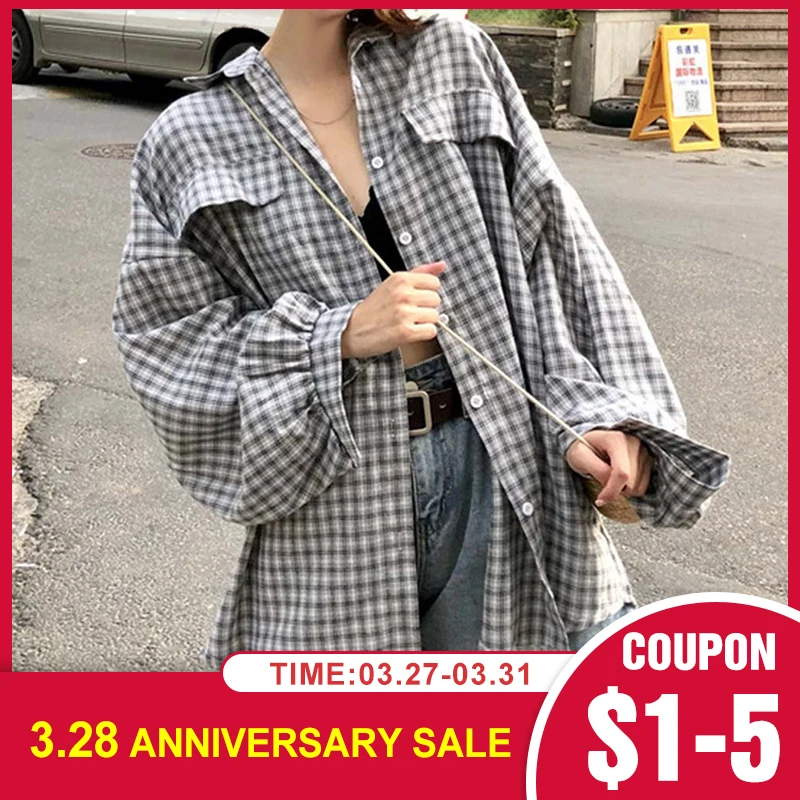 Весна 2020 женская рубашка бойфренда с отворотом в клетку Свободная длинным