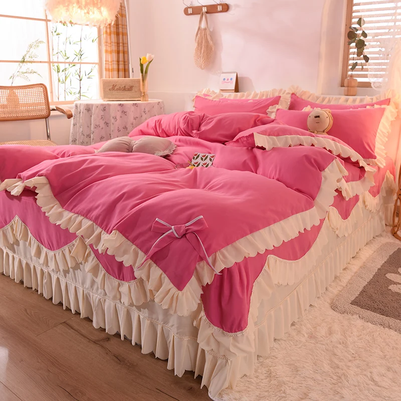 

Korean Style Bunk Bed Skirt Four-Piece Set with Bedspread-Style Cotton Fairy Princess Lace Comforter Bedding Sets