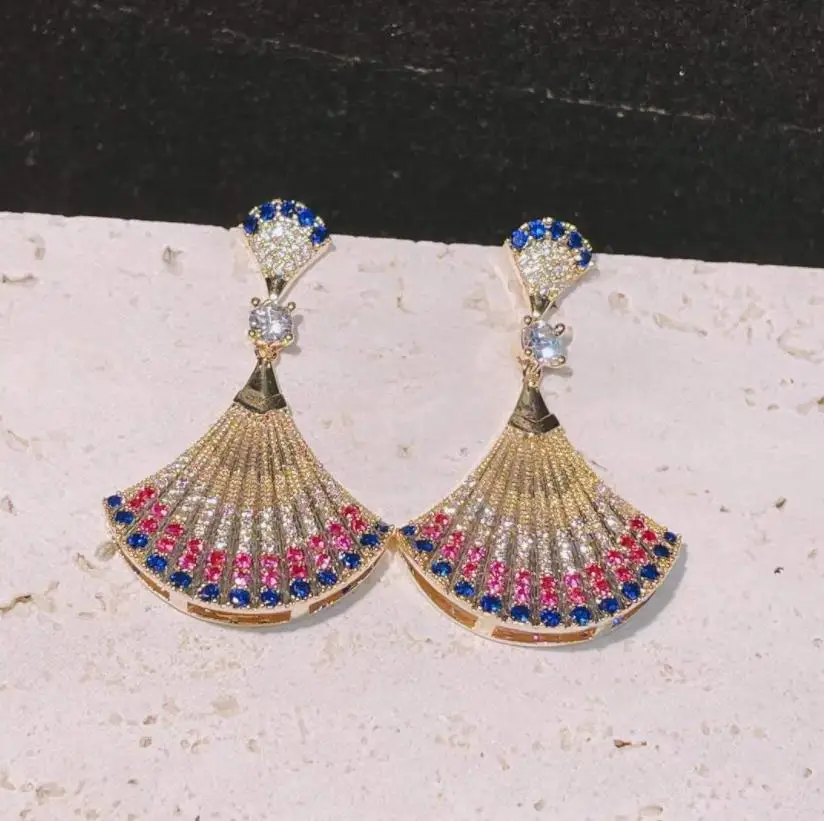 

Luxury color rhinestone long circle size fan-shaped earrings gorgeous women blue gem geometry gorgeous women classic eardrop