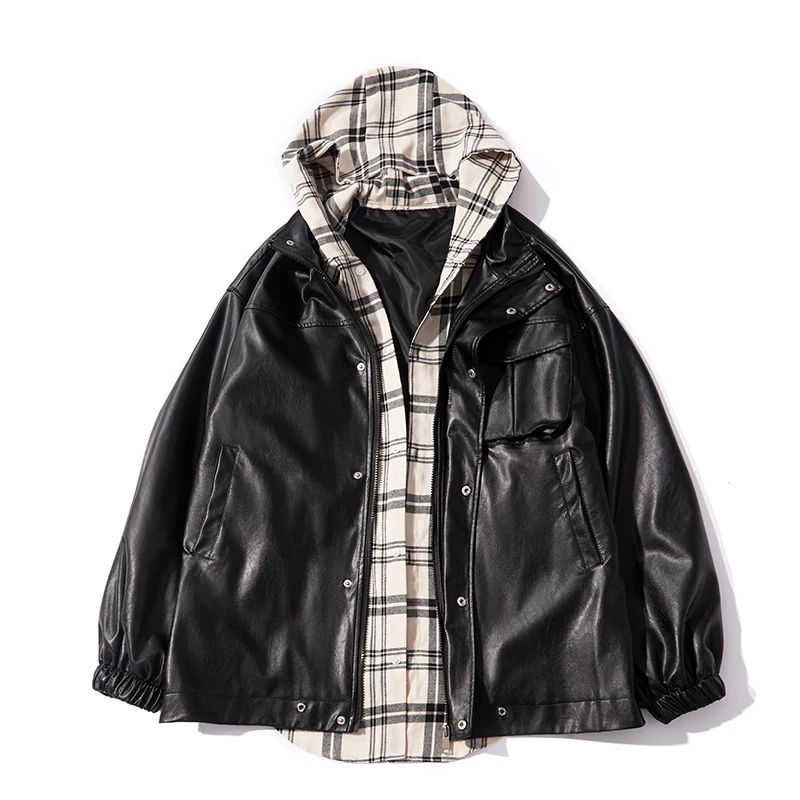 

Fall Winter 2020 new fake two-piece Leather Jacket jacket with hat fashion casual breathable Hip Hop leather jackets for men