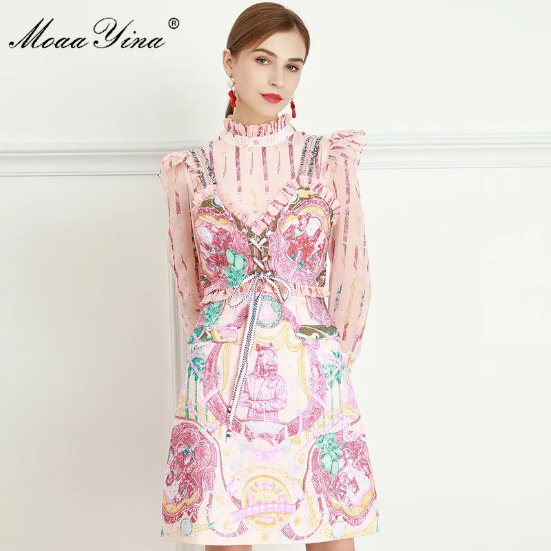 

MoaaYina Fashion Designer dress Summer Women's Dress Ruffles Long sleeve Vintage Print Dresses+lace-up Small sling