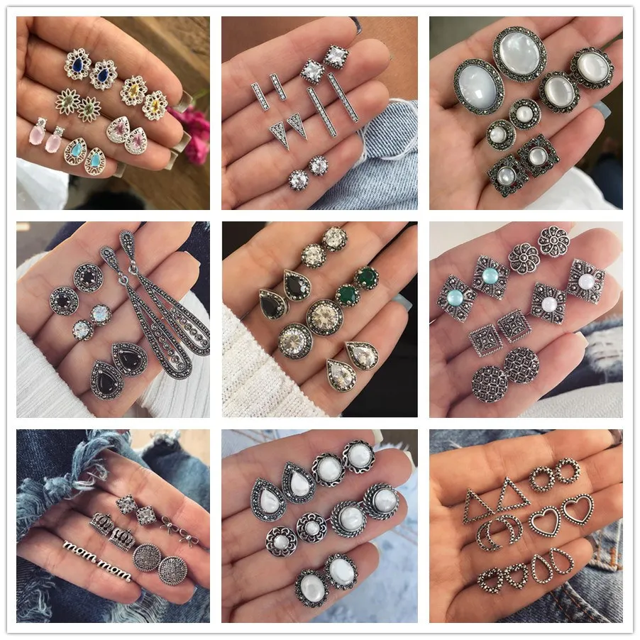 

RAVINOUR Brincos Femme 4Pairs Bohemian Stud Earring Set Boho Green Black Crystal Droplet Earrings for Women Jewelry Indian 2018