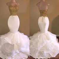 2019 sexy gold white ruffles lace mermaid prom dresses spaghetti strap sweetheart sleeveless tiers skirt evening gown prom dress