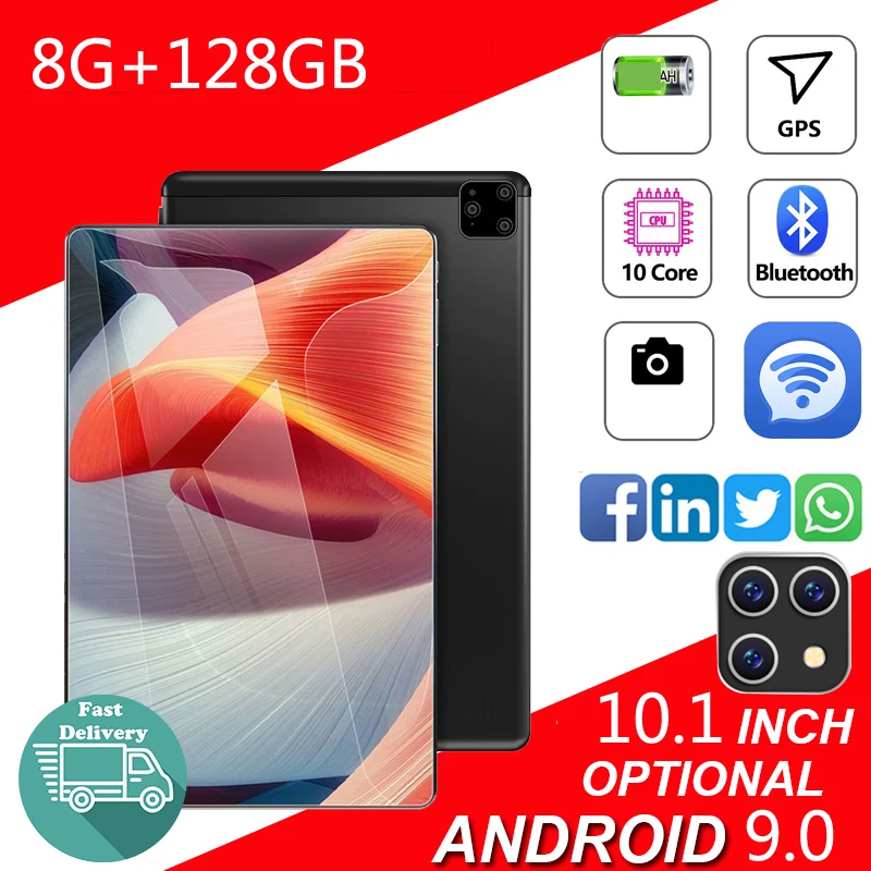 

10,1-дюймовый планшет, 8 ГБ + 10,1 Гб, поддержка двух SIM-карт, 4G сеть, 128G WiFi, Android 9.0