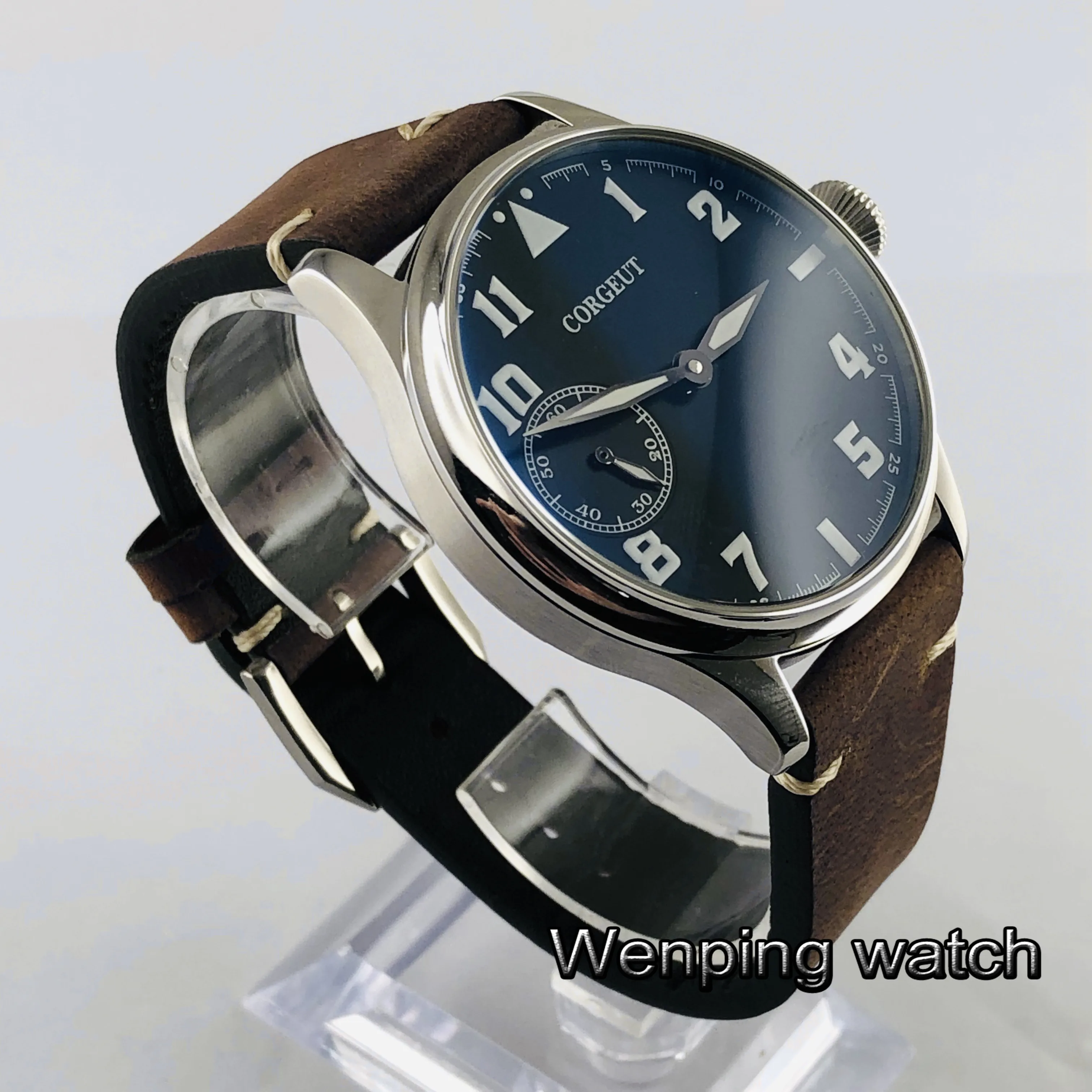 Мужские светящиеся часы с серебристым корпусом и кожаным ремешком 44 мм | Наручные