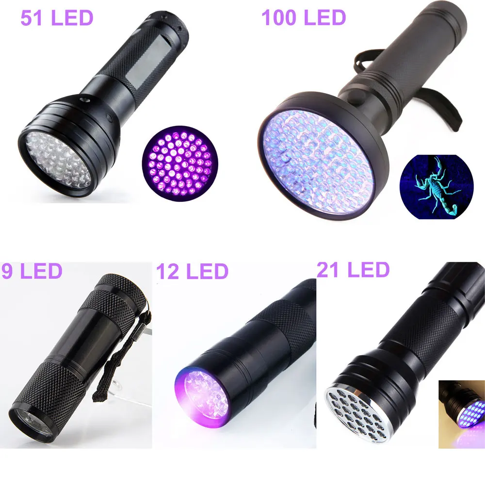

9-100 LED UV Flashlight Ultraviolet Blacklight LED UV Light Lamp Outdoor Waterproof Aluminum Torch Detector for Dog Urine Stains
