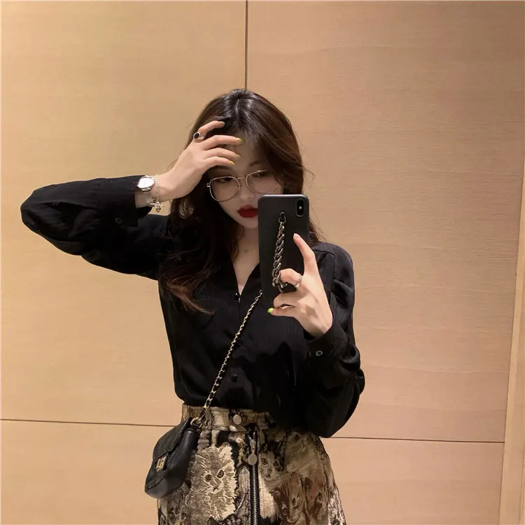 

Autumn Women Satin Silk Blouse Shirt Elegant Solid Color Pullover High Grade Loose Women Veat Top Office Lady Long Sleeve Black