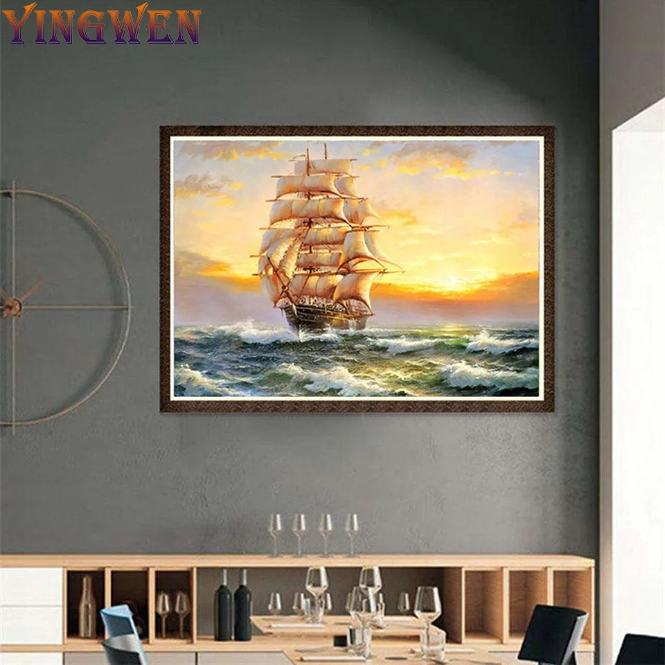 

Алмазная 5D картина «сделай сам», вышивка крестиком с лодки и океана, украшение для дома, полноформатная мозаика