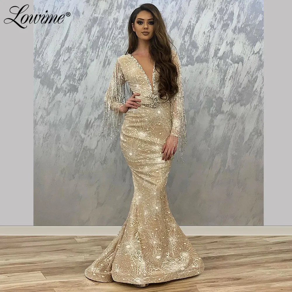 

Robe De Soiree Sparkly Glitter Mermaid Evening Dress Middle East Women Gowns 2020 Arabic Kaftans Long Sleeve Prom Party Dresses