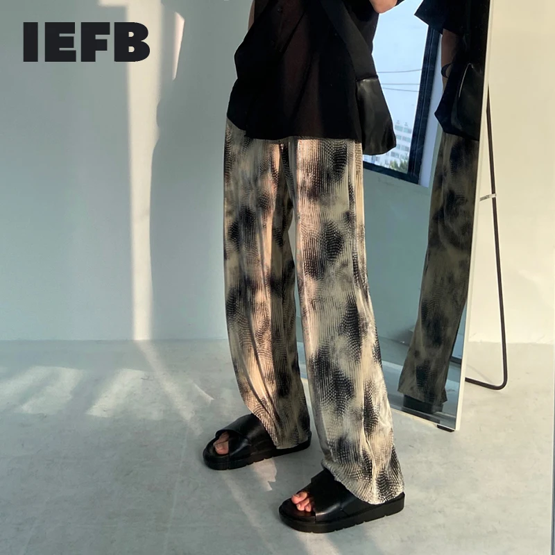 

Мужские прямые брюки IEFB с принтом Tie Dye, новинка 2021, летние свободные плиссированные повседневные брюки, корейские трендовые плиссированные ...