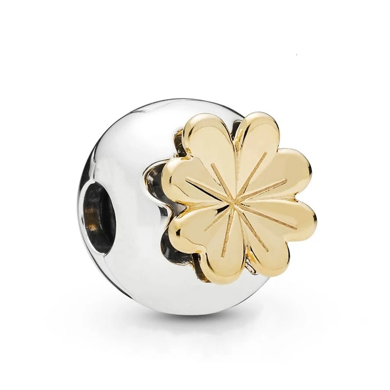Подлинный 925 пробы Серебряный Золотой блестящий клевер Фиксатор Зажим Шарм шарик