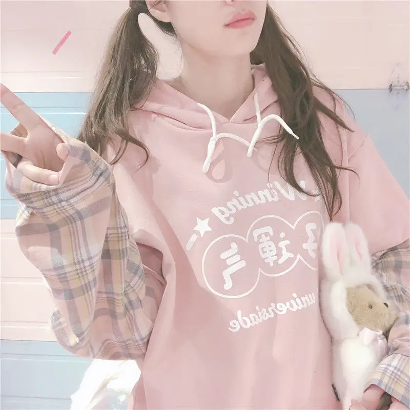 QWEEK Japanese Harajuku Fake Two Piece Hoodies Women Soft Girl Kawaii Pink Plaid Long Sleeve Letter Sweatshirt Kpop Cute Clothes images - 6
