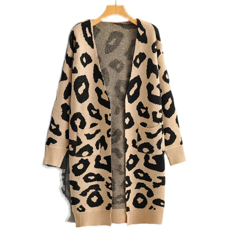 

Women's Vintage Leopard Print Color Matching for Autumn and WinterVCollar Sweater Cardigan Long Sweater Coat