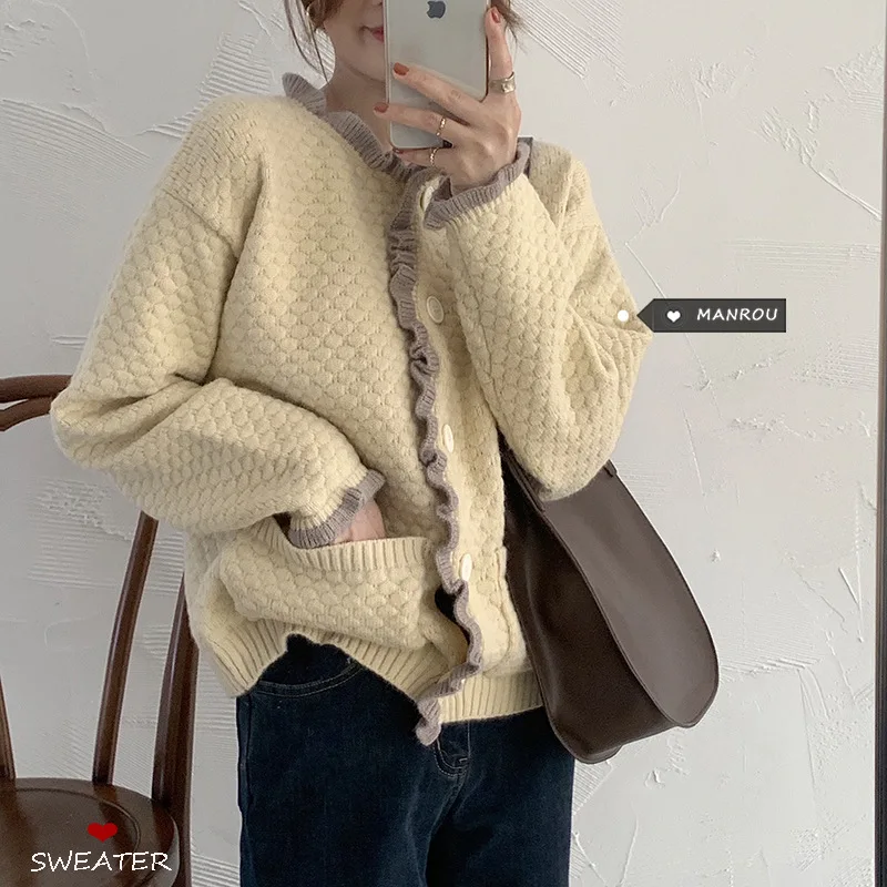 

Vintage Cardigans Women Sweet Ruffle Button-up Knitted Sweater Coat Korean Style O-Neck Long Sleeve Warm Jumper Casual Outerwear