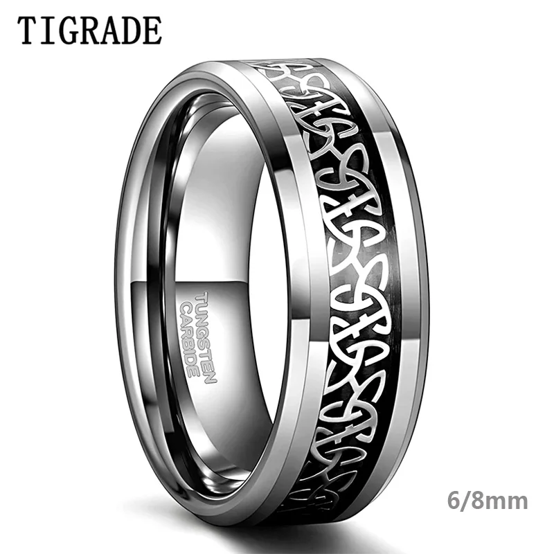 TIGRADE 6/8mm Tungsten Rings for Men Women Silver Beveled Edge Celtic Knot Rings Black Carbon Fiber Inlay Wedding Bands for Him