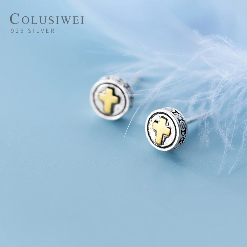 

Colusiwei HOT Vintage Cross Pattern Round 925 Sterling Silver Anti-Allergy Stud Earring for Women Geometric Ear Pin Fine Jewelry