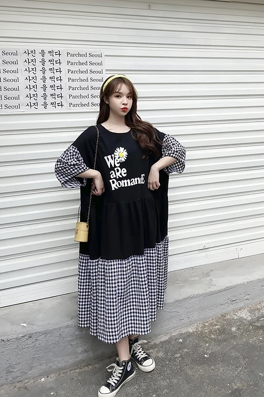 

COIGARSAM Patchwork Women dress Short Sleeve Plaid Loose Dresses Black 657