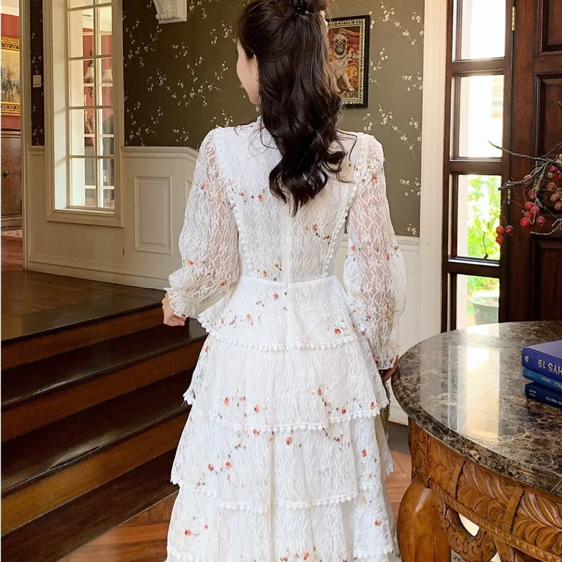 

Vestido de verano de encaje de flores bordadas, manga larga, volantes, elegante