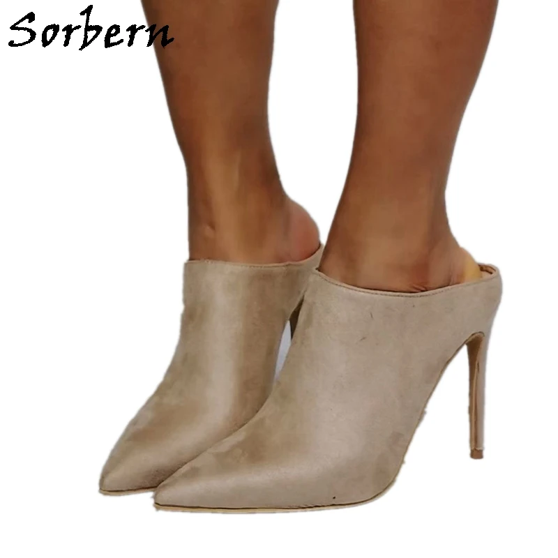 

Sorbern Khaki High Heel Mules Women Shoes Pointy Toe Stilettos Slip On Sissy Boy Fetish Party Shoes For Women Plus Size Us17