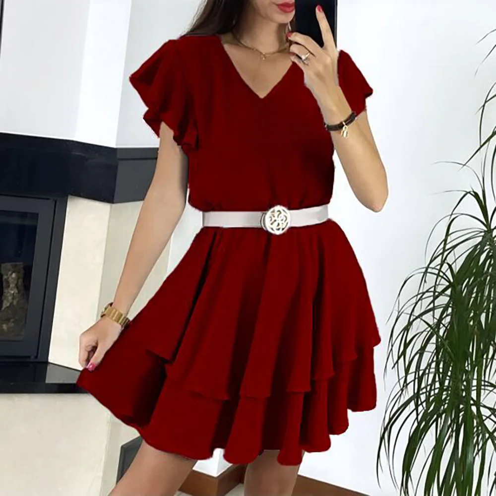 

Summer Sexy Mini Short Sleeves Women Dress 2021 New Fashion Casual Loose V-neck Solid Color Belt With Large Flounce Robe Femme