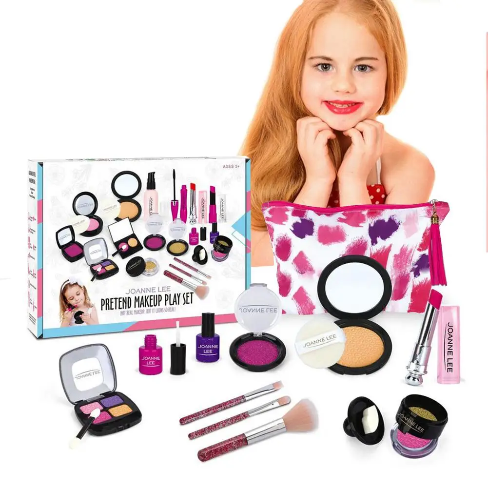 

Детская игрушка-косметика для ролевых игр, набор для макияжа, реалистичный набор для макияжа с косметичкой, моющаяся игрушка для игры в маки...