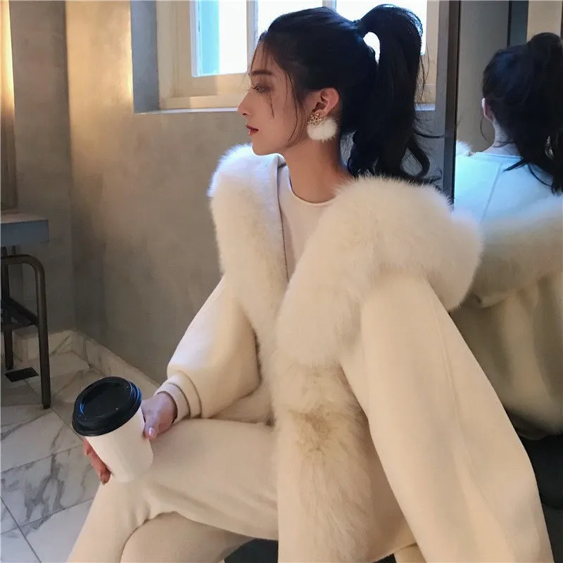 

Fall Winter Faux Mink Fur Hooded Cape Cashmere Bat Sleeve Jacket Fur Cloak Fur Shawl Cardigan Tops Woolen Flocking Trench Coat