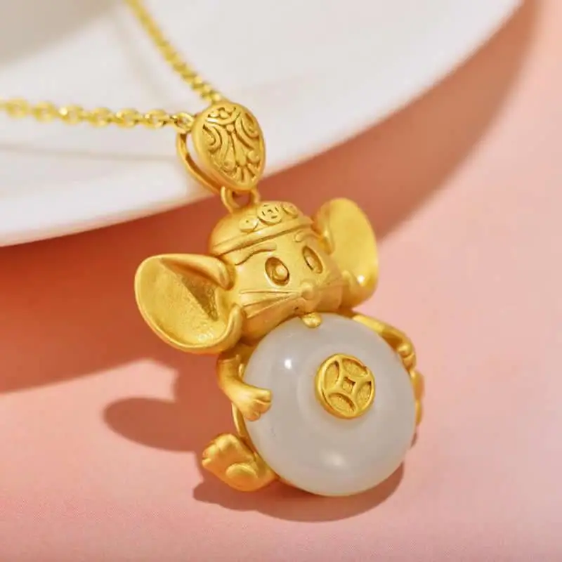 

New Arrival S925 Silver Mouse Pendant Natural White Jade Fu Necklace Pendant