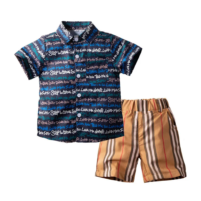 

2021 Summer New Fashion Children Boys Lettering Cotton Short Sleeve Pants Suit