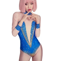sparkling rhinestone backless long sleeve jumpsuits nude blue stitching women bodysuits dance practice costumes nightclub outfit