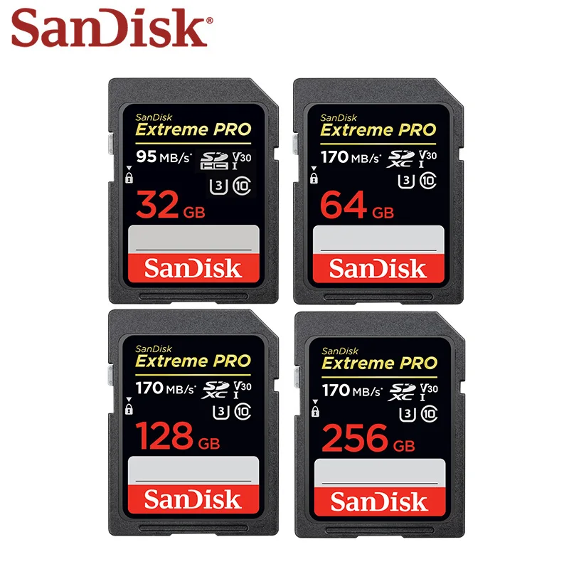 

100% Original Sandisk Extreme Pro Memory Card 256GB 128GB 64GB Max Read Speed 170MB/s SD Card Class 10 U3 32GB 95MB/s For Camera