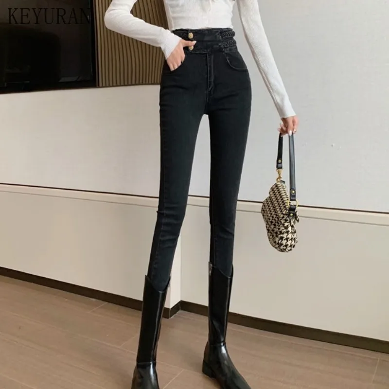 

2021 Autumn Heavy Industry Weave Black Casual Jeans Women Denim Pencil Pants High Waist Sexy Slim Skinny Trousers Fit Lady